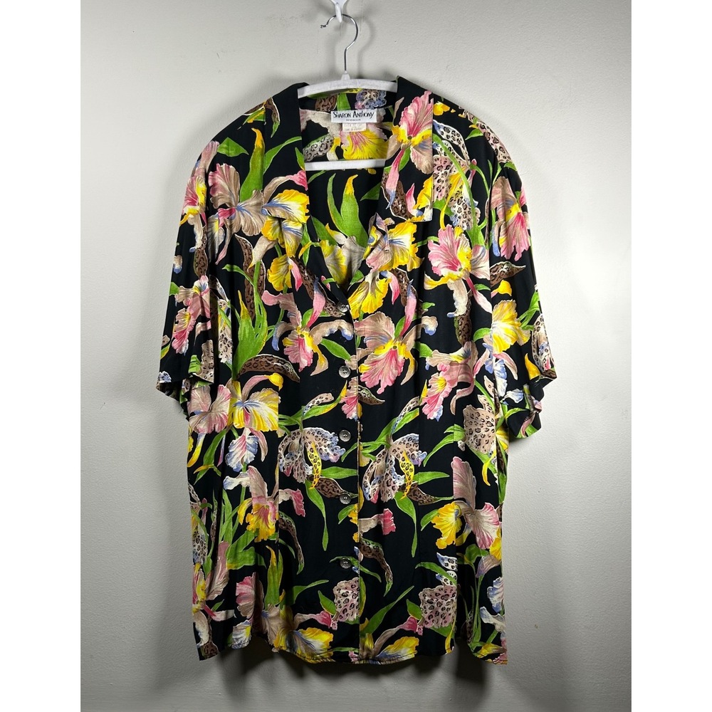 VTG Sharon Anthony Floral Button Up Women 24W Black 90s Tropical Rayon Blouse